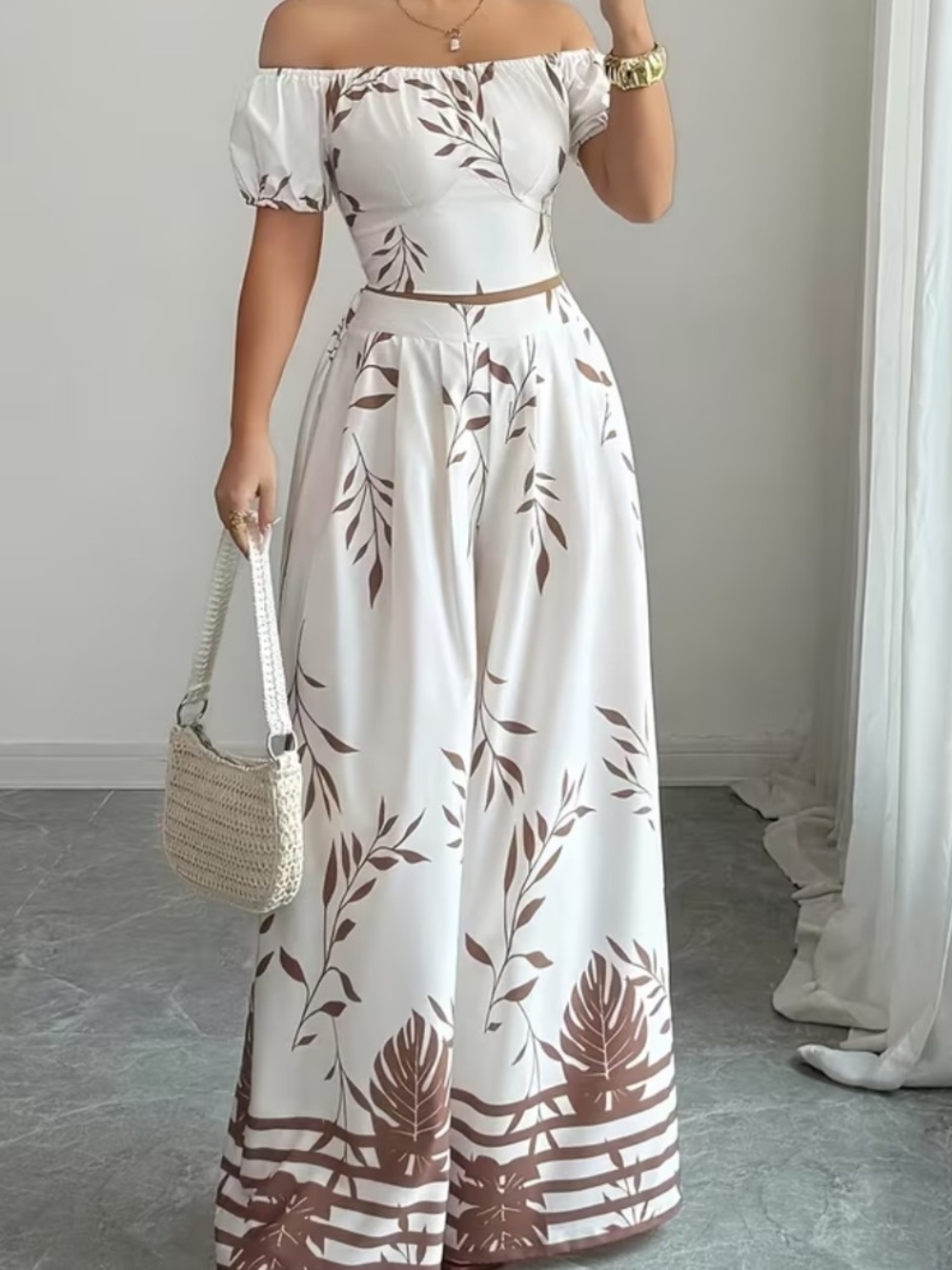 Off-Shoulder White Floral Print Maxi Skirt